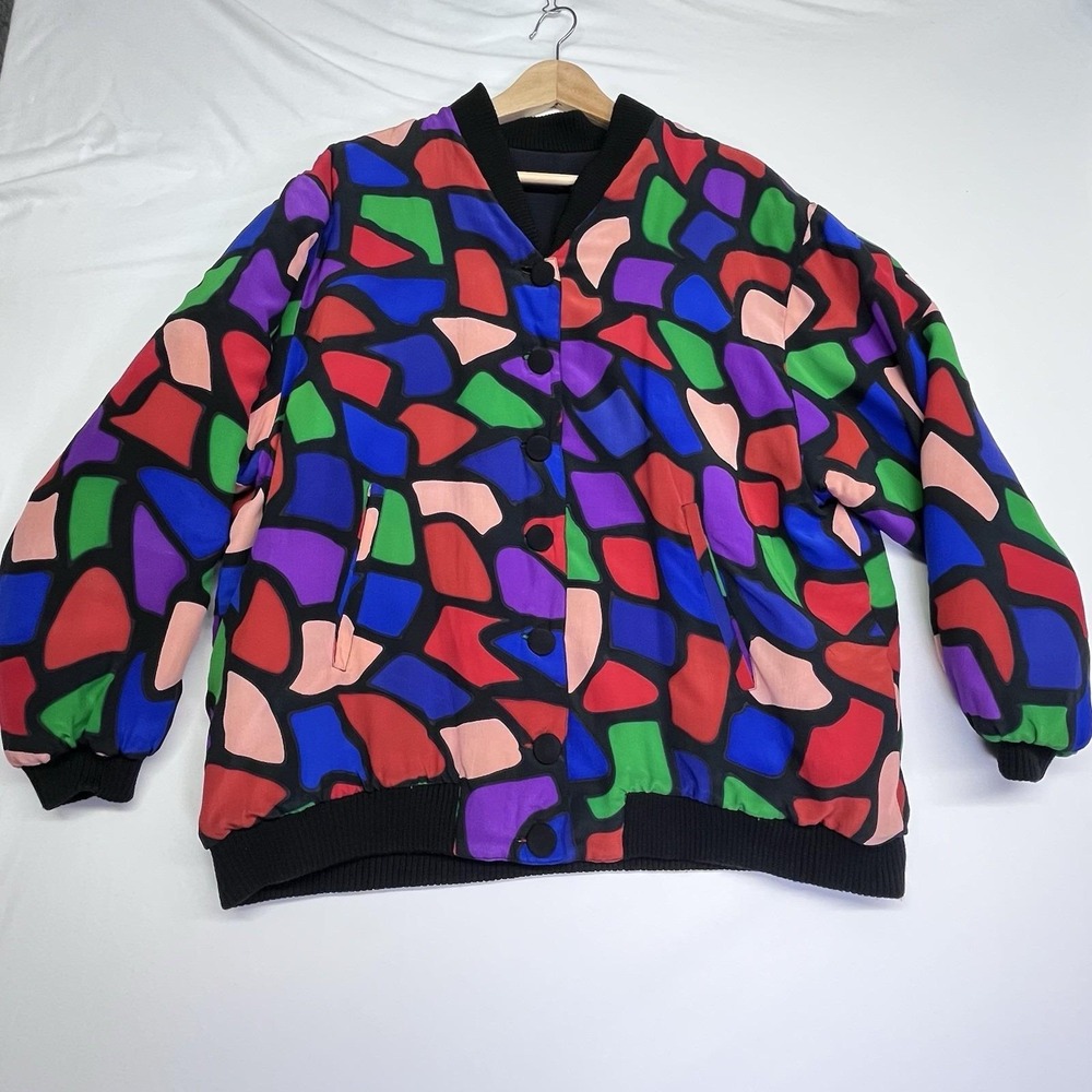 Vintage Reversible Silk Bomber Jacket Black S/M 90's Y2K Stained Glass